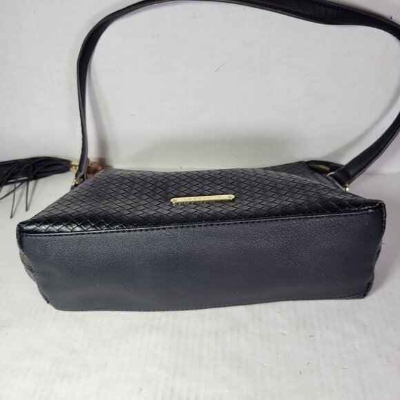 Liz Claiborne Black Classic Professional Woven Look Shoulder Wooden Tassel Bag - Picture 10 of 10